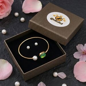 18K Gold Plated Open Cuff Bangle Bracelet Pearl & Green Crystal Accent